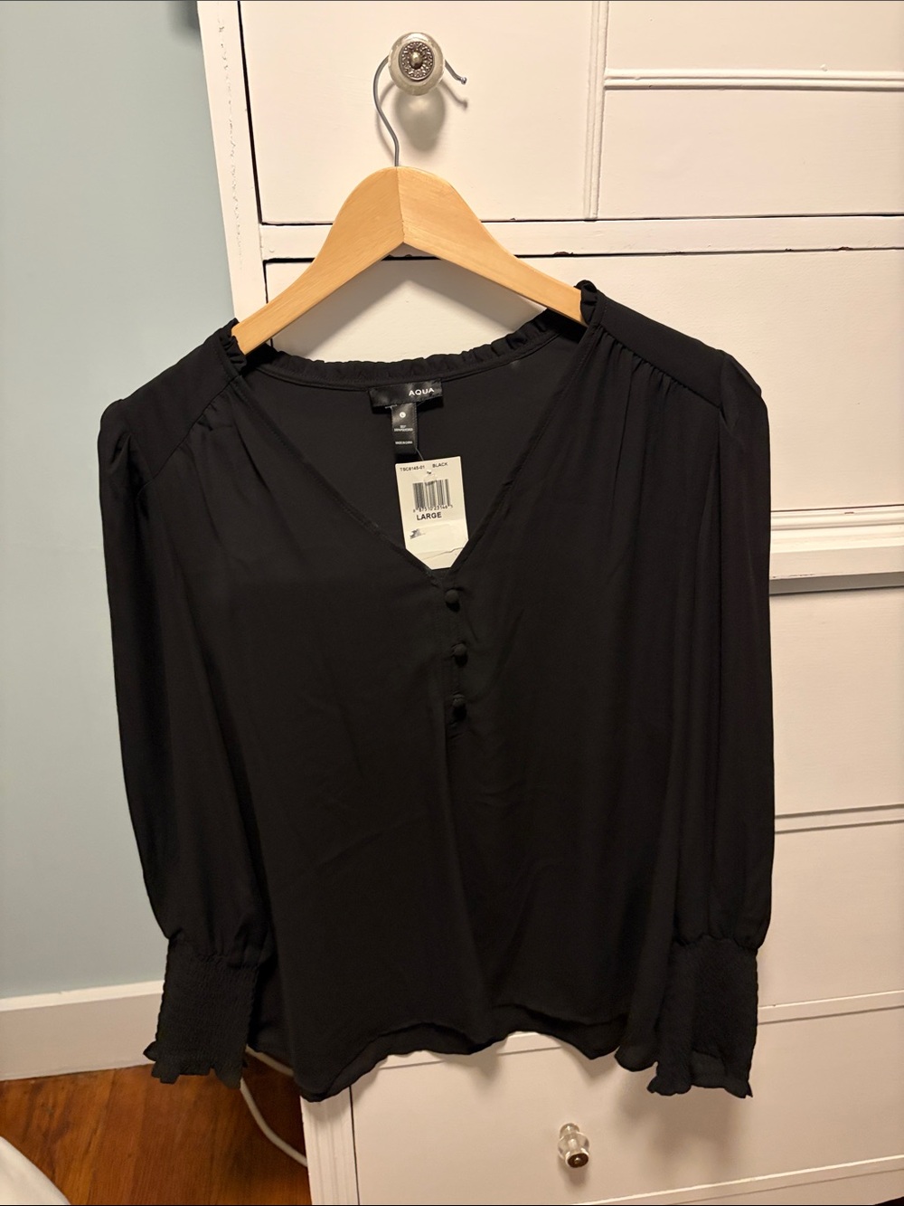 Aqua Black Button-Front V-Neck Blouse